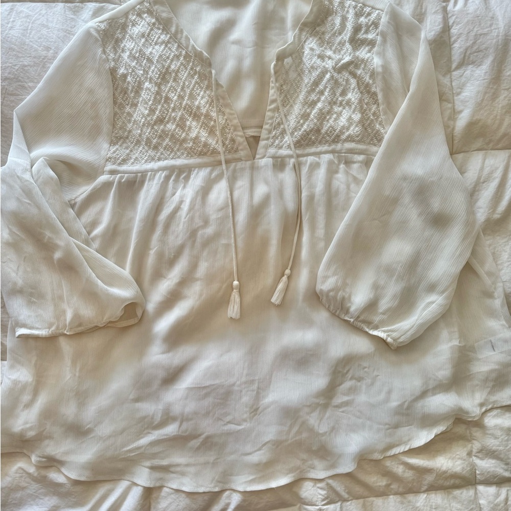 Beaded White Blouse with Tassel Details